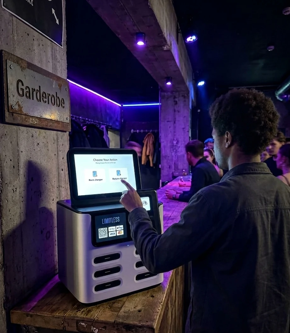 Gast leiht sich an einer Limitless-Station in einer Bar eine Powerbank aus