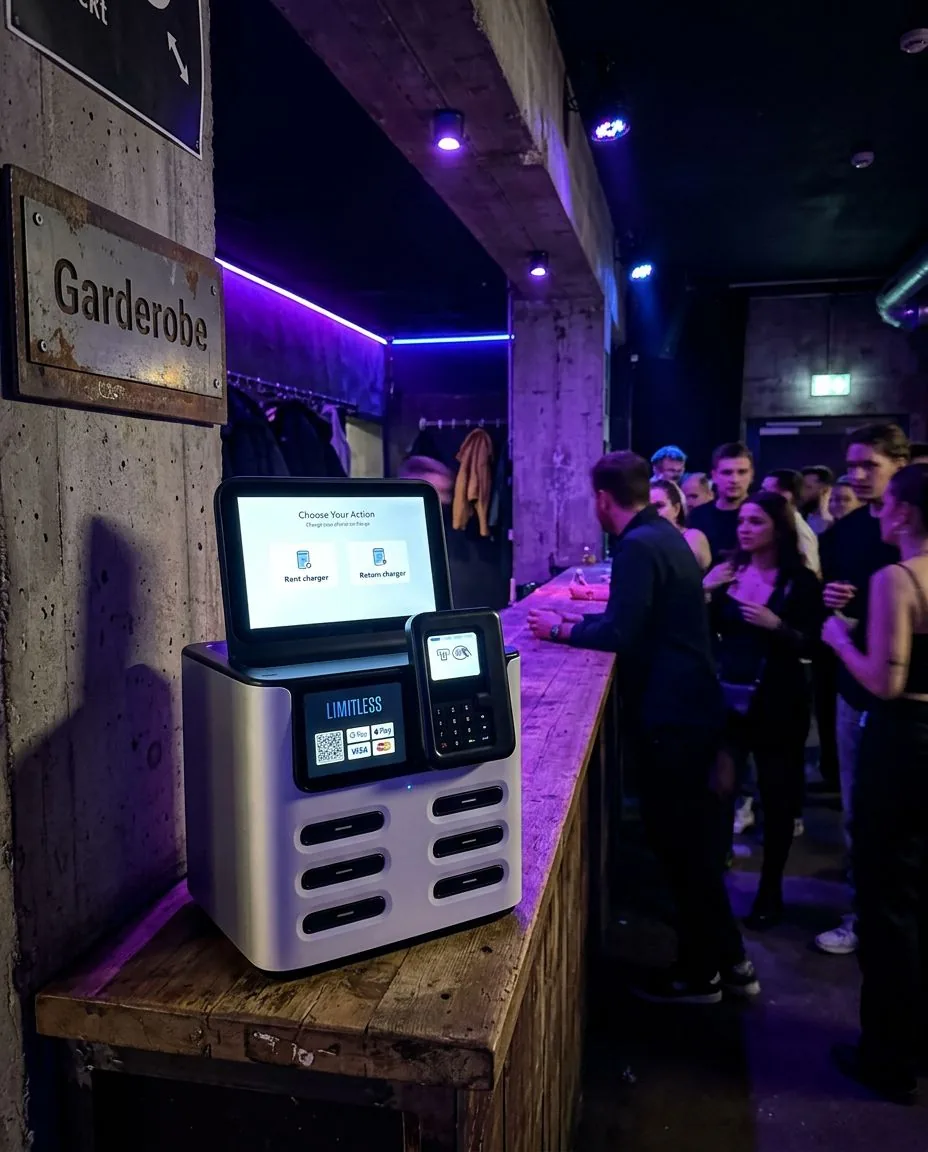Limitless Powerbank-Station auf dem Tresen einer Bar neben der Garderobe, im Hintergrund Gäste am Tresen