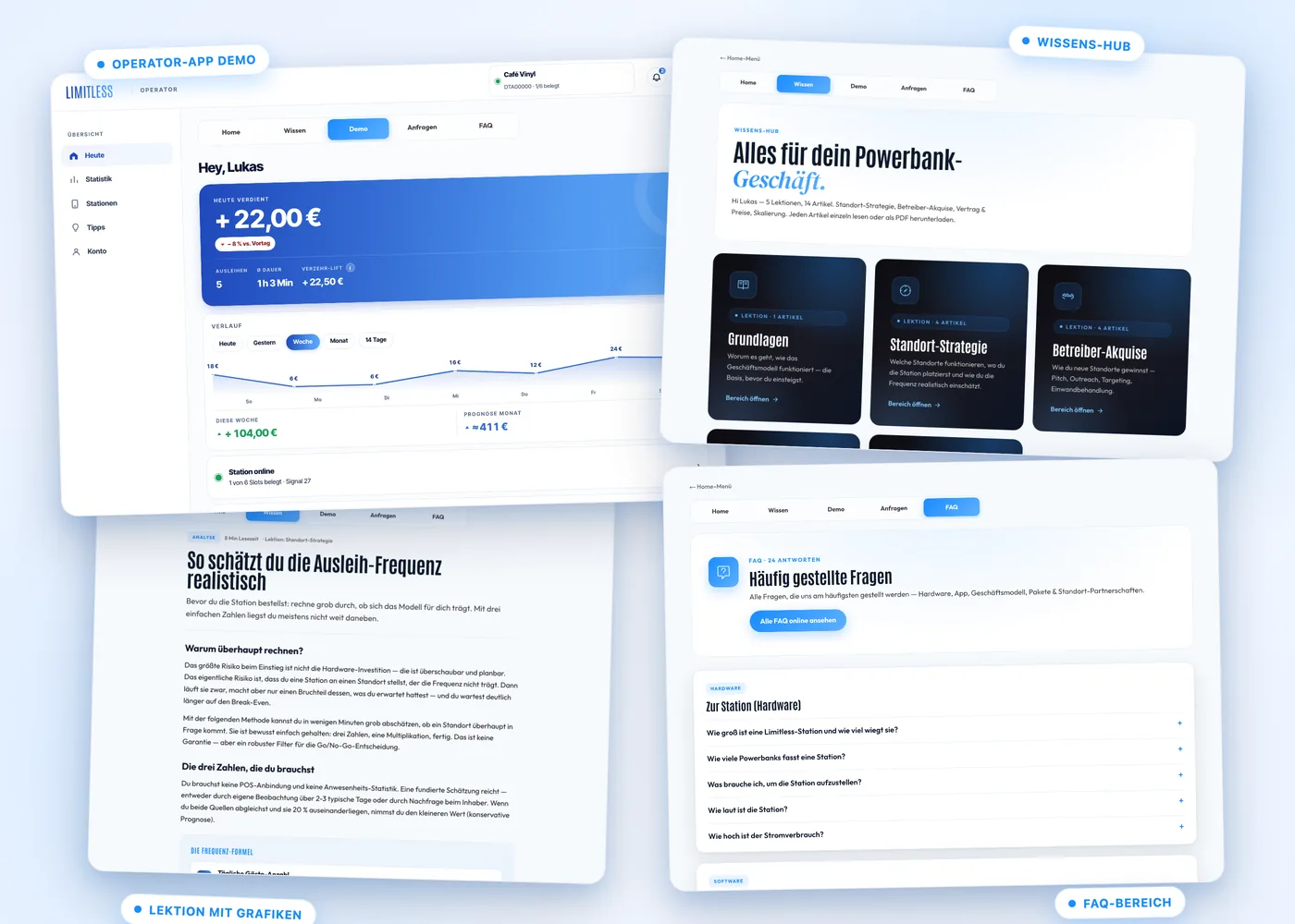 Einblick in den Limitless-Lizenznehmerbereich: Operator-App-Demo, Wissens-Hub, Lektionen und FAQ